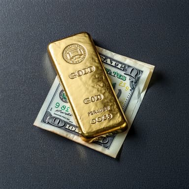 single gold bar resting on dark felt with a folded United States Treasury bill paper beside it, single warm light source from above
