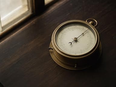 antique brass barometer on a dark wood desk, single window light