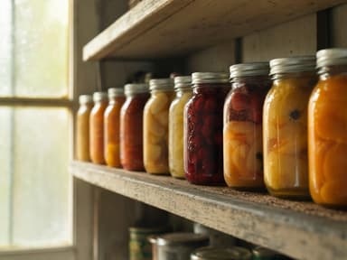 row of glass mason jars of preserved fruit on a worn wooden pantry shelf, late afternoon light through a frosted window