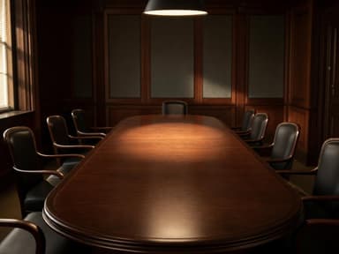 long empty mahogany meeting table in a dim wood-paneled boardroom, single overhead lamp casting a circle of light, late afternoon