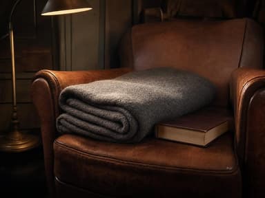thick wool blanket folded on a worn leather armchair next to a closed leather-bound book, single floor lamp casting warm light from one side, late afternoon