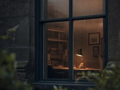 first rain streaking a tall sash window at dusk, a dim study with a single warm desk lamp glowing behind the glass, modest depth of field